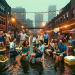 DALL·E 2024-01-04 09.27.51 - An unusual and imaginative scene of a Flood Beer Party. The setting is an outdoor area partially submerged in water due to a flood, with the water l.png